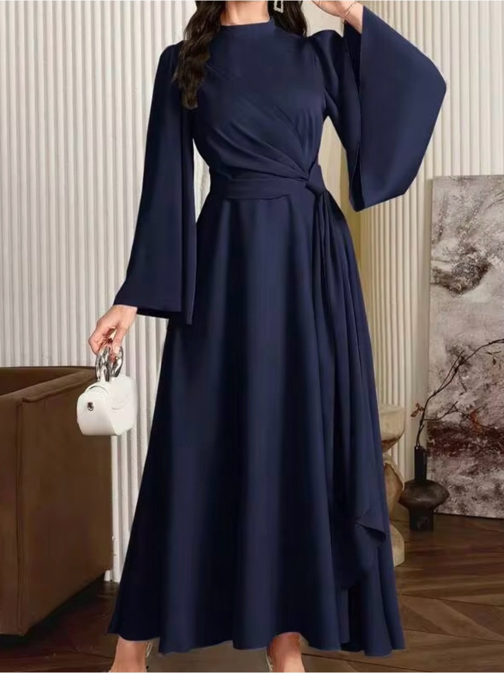 Elegant Navy Long-Sleeve Wrap Maxi Dress